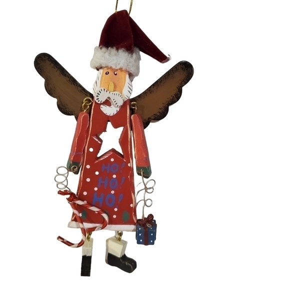 Painted rustic Wood wire Dangly Santa wings Star Candy Cane Present Ornament - Picture 3 of 10